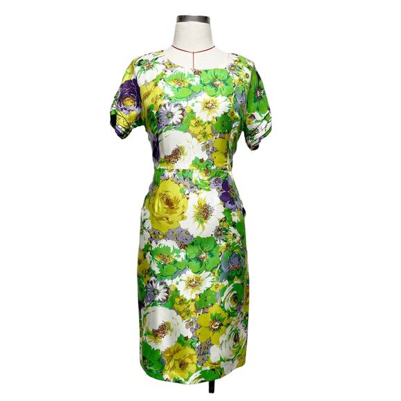 Blumarine Womens Size 4 Green Floral Silk Short Sleeve Dress - Picture 1 of 10